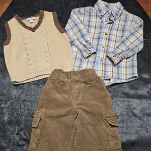 Y2K Hartstrings 3-Piece 24M/2T Plaid Button Down Sweater Vest Corduroy Cargos